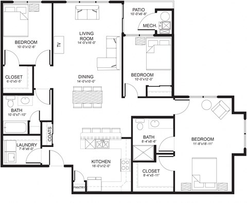 Floor plan for 3 beds, 2 baths, 1419 sqft